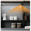 Rechargeable motion sensor LED light feature graphic showing automatic human-motion activation for cabinets and dark indoor areas