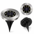 NoxLumin 8 LED solar pathway lights with stainless steel cover, solar panel, and in-ground spike for yard, deck, driveway, and garden paths