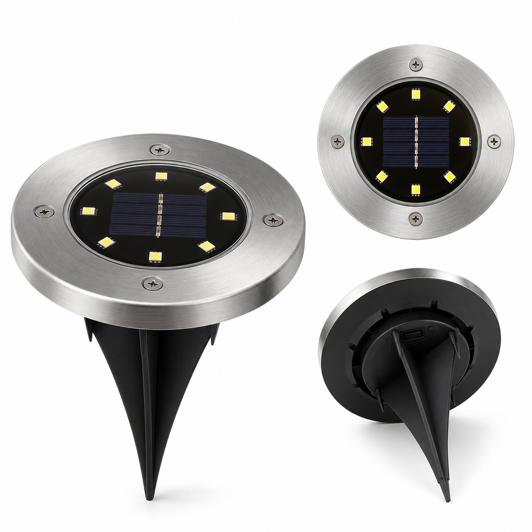 NoxLumin 8 LED solar pathway lights with stainless steel cover, solar panel, and in-ground spike for yard, deck, driveway, and garden paths