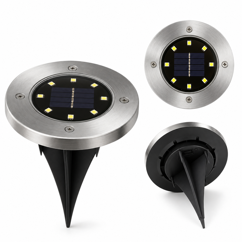 NoxLumin 8 LED solar pathway lights with stainless steel cover, solar panel, and in-ground spike for yard, deck, driveway, and garden paths | NoxLumin