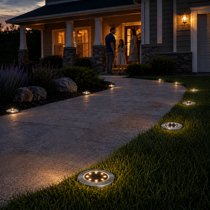 NoxLumin solar pathway lights illuminating a residential walkway at dusk in front of a family home with warm porch lighting | NoxLumin