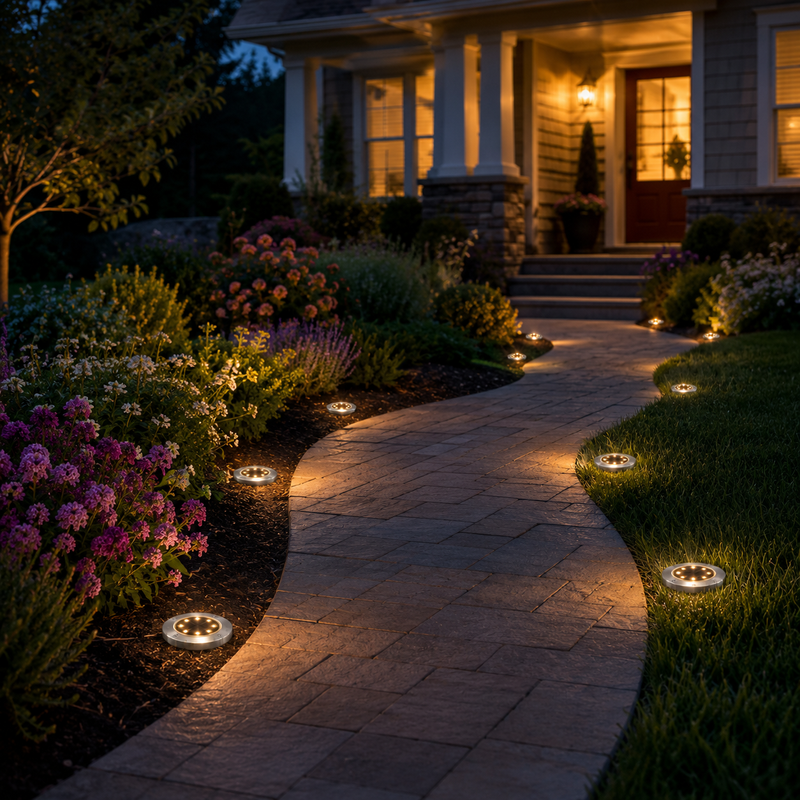 NoxLumin solar pathway lights along a curved front yard walkway with flower beds and a warmly lit house entrance at dusk | NoxLumin