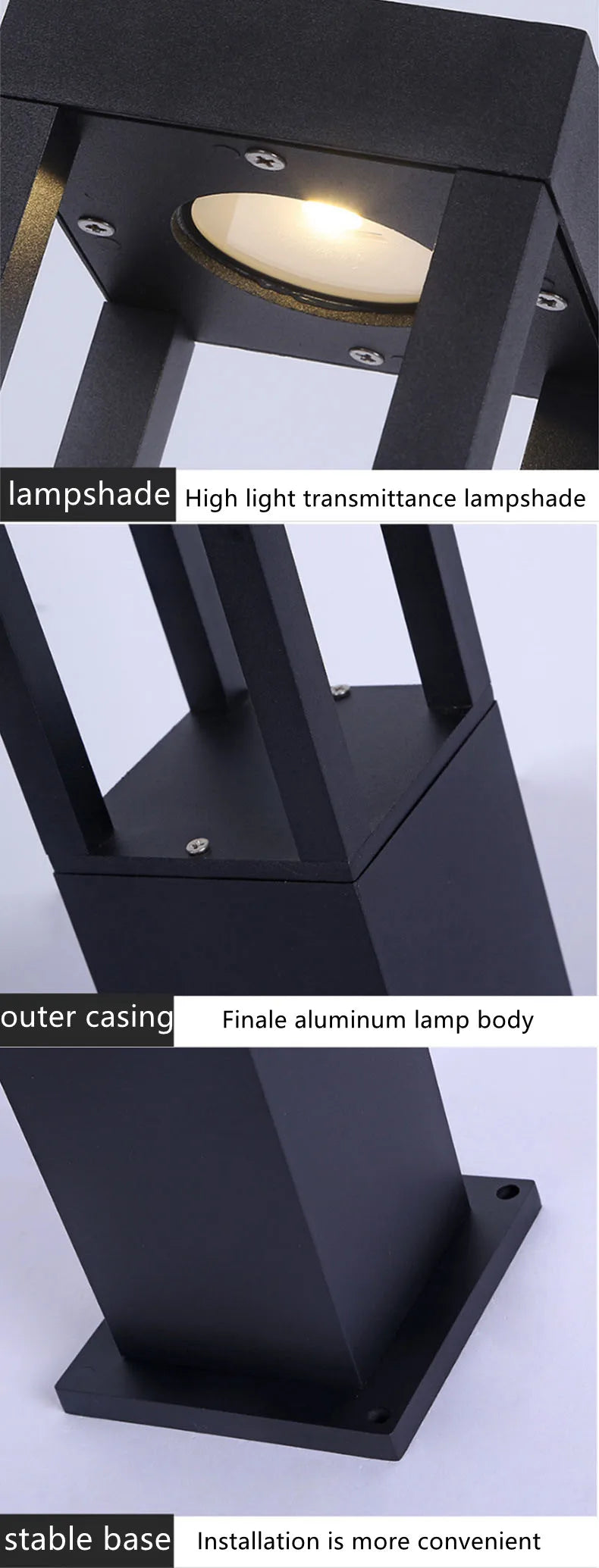 Modern outdoor LED bollard light dimension graphic showing the tall rectangular fixture proportions for landscape planning