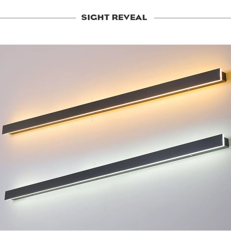 Linear outdoor LED wall light shown with mounting hardware and components for exterior wall installation