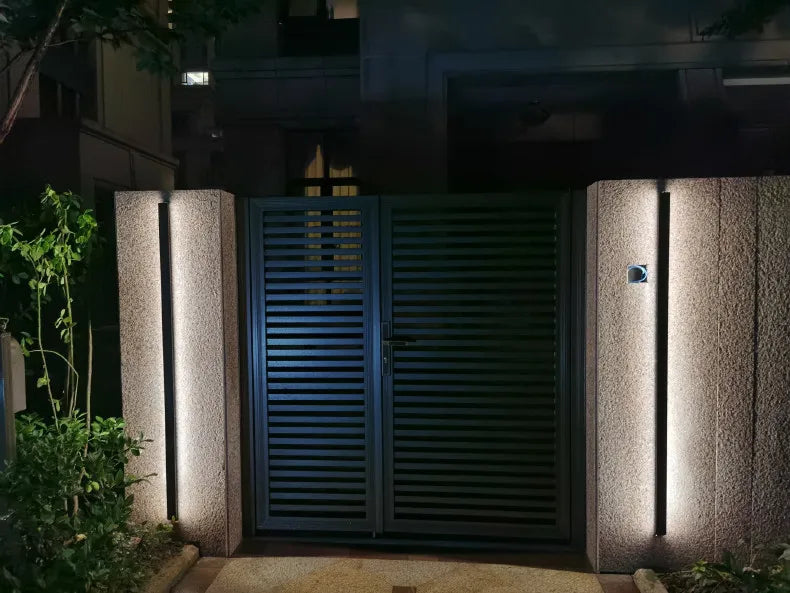 Long-strip outdoor LED wall light feature graphic showing adjustable dimming for decorative and functional exterior lighting