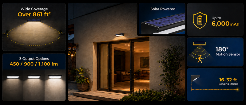 Outdoor solar LED wall light with 450–1100 lumen output, 180° motion sensor, 16–32 ft range, and 6000mAh battery