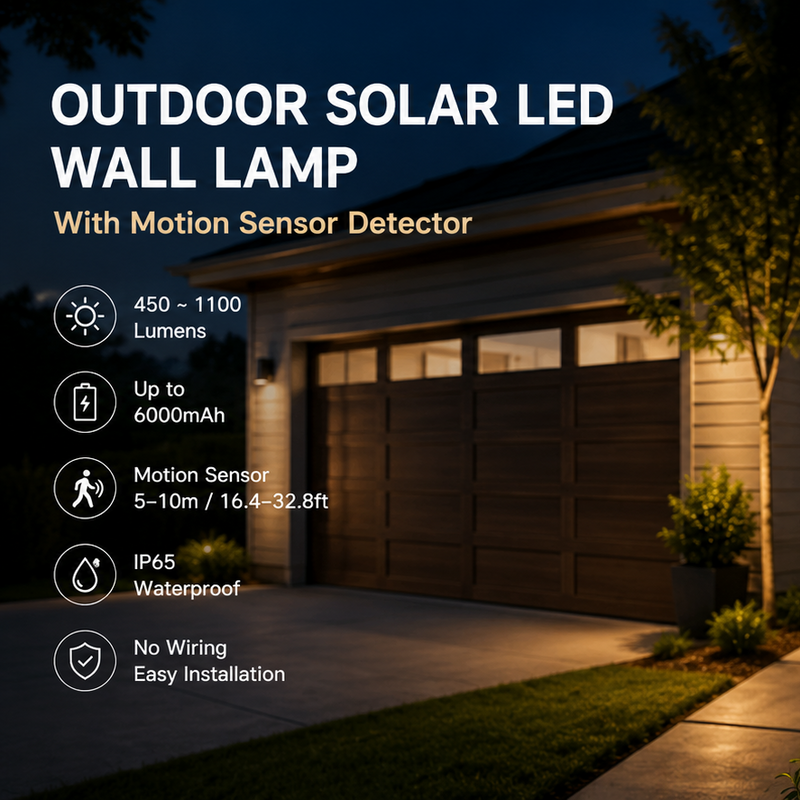 Applique solaire LED extérieure à détecteur de mouvement utilisée comme éclairage de sécurité pour garage, jardin, entrée et terrasse