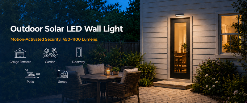 Outdoor solar LED wall light with motion sensor illuminating a modern backyard patio, garden, doorway, and paved seating area at night.
