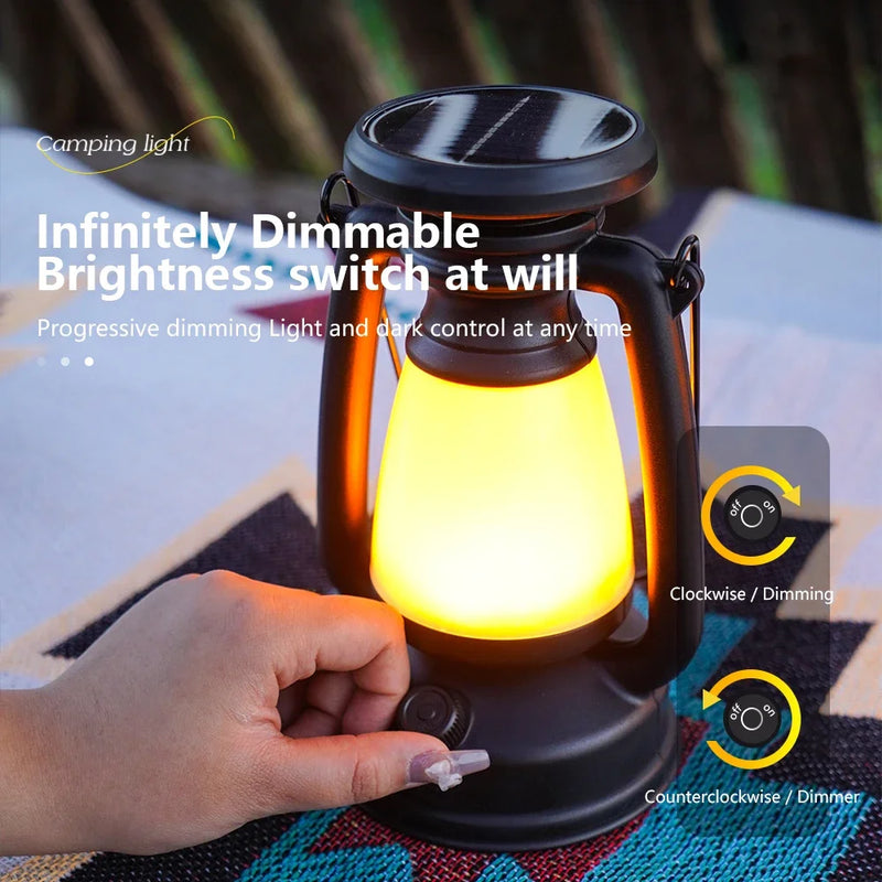 Compact rechargeable camping lantern used as a tabletop light for tents, outdoor dining and emergency household lighting