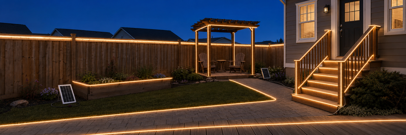 Compact American backyard illuminated by warm white solar COB rope lights along the fence, pergola, walkway, planter, stairs, and handrails