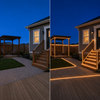 Vorher-Nachher-Vergleich eines Hinterhofs mit Premium Smart Solar COB-Lichtschläuchen an Pergola, Treppengeländern und Wegen