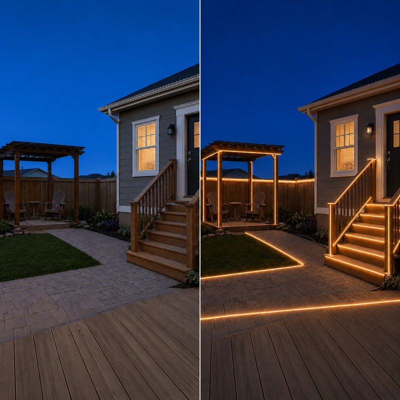 Vorher-Nachher-Vergleich eines Hinterhofs mit Premium Smart Solar COB-Lichtschläuchen an Pergola, Treppengeländern und Wegen