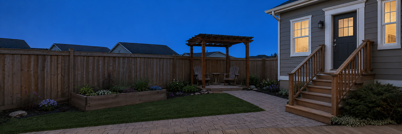 Compact American backyard with a pergola, paved walkway, raised garden bed, and a two-story suburban home before solar COB rope light installation