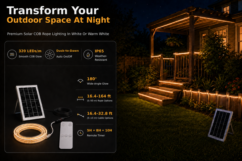 Premium Smart Solar COB Rope Light System illuminating patio steps, pergola railings and garden borders with warm white light at night