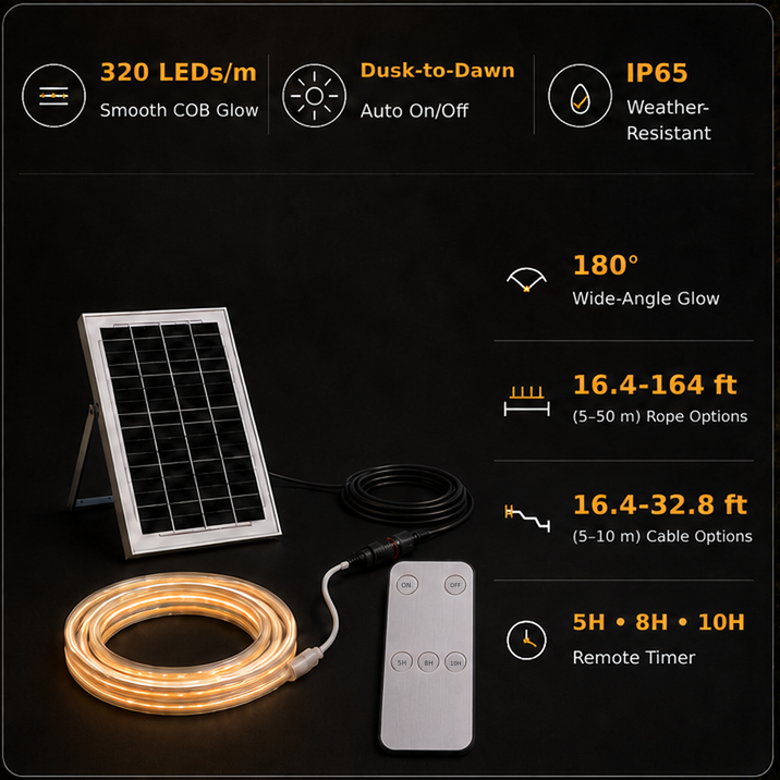 Funktionsgrafik des Premium Smart Solar COB-Lichtschlauchs mit Vorteilen für Außenbeleuchtung und Systemkomponenten
