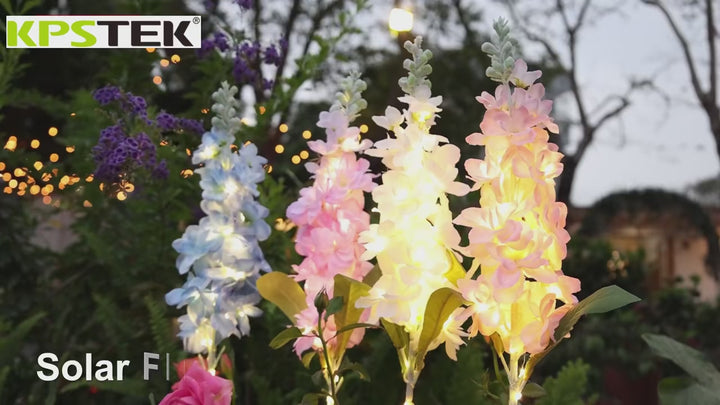 Lampe solaire en forme de fleur de delphinium, 68,5 cm (27 pouces), 600 mAh, étanche IPX5, autonomie de 8 à 12 heures, décoration de jardin | NoxLumin