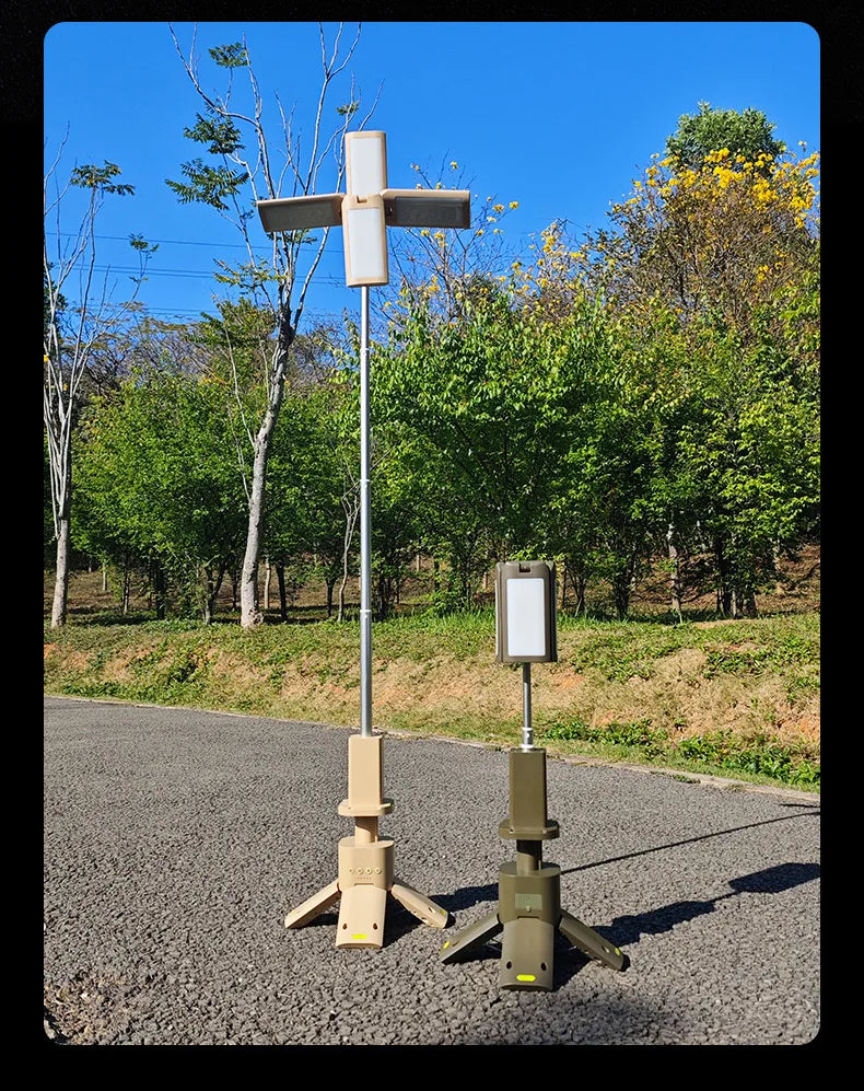 Rechargeable camping lantern feature overview showing the telescopic pole, adjustable LED panels and rugged portable base