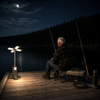 Fully extended rechargeable camping lantern lighting a dock for an older man fishing at night