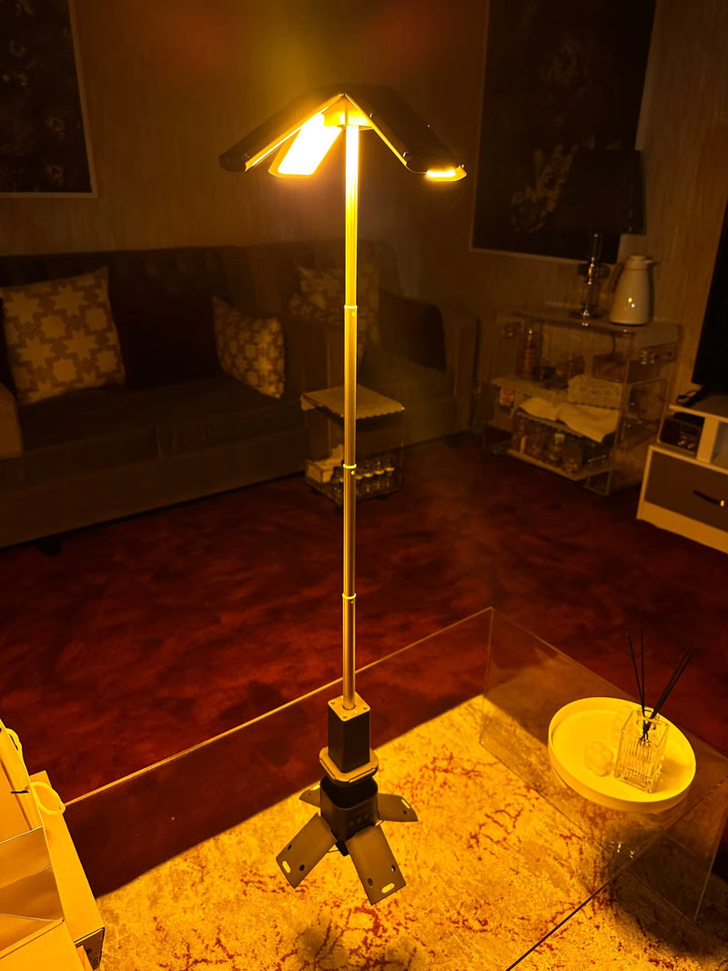 High-output rechargeable camping lantern shown for outdoor use with telescopic stand lighting suitable for campsites and emergency tasks