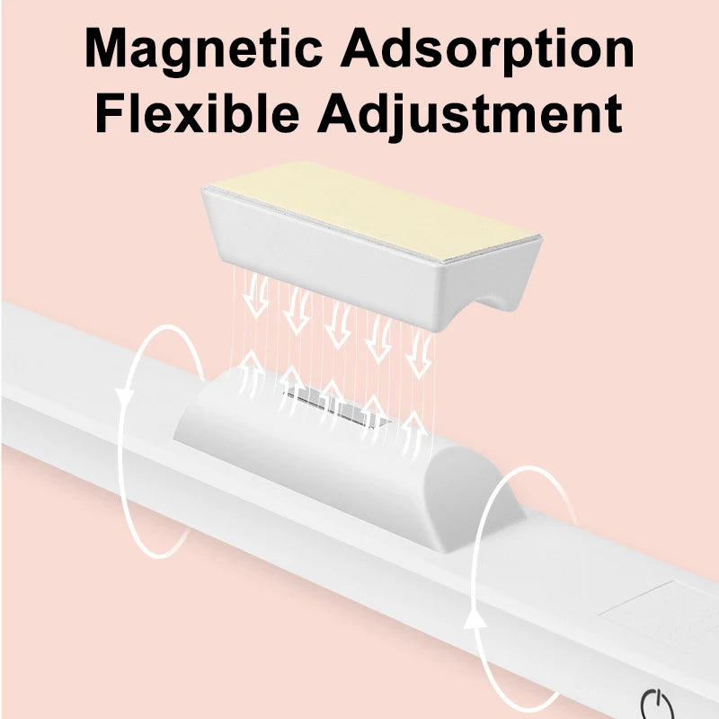 Battery-powered magnetic desk lamp shown with USB charging for cordless use on desks, shelves and bedside areas