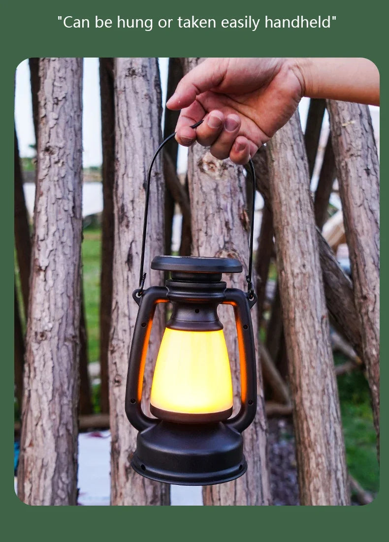 Rechargeable vintage camping lantern feature view showing the LED light chamber, carry handle and portable body