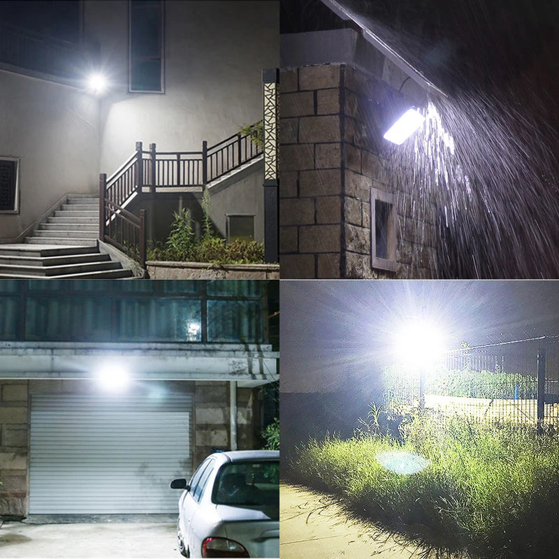 Gráfico funcional de un foco solar para paisaje con control remoto y ajustes de iluminación regulables