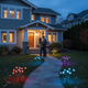 Couple beside glowing RGB solar mushroom garden lights in a landscaped front yard at night