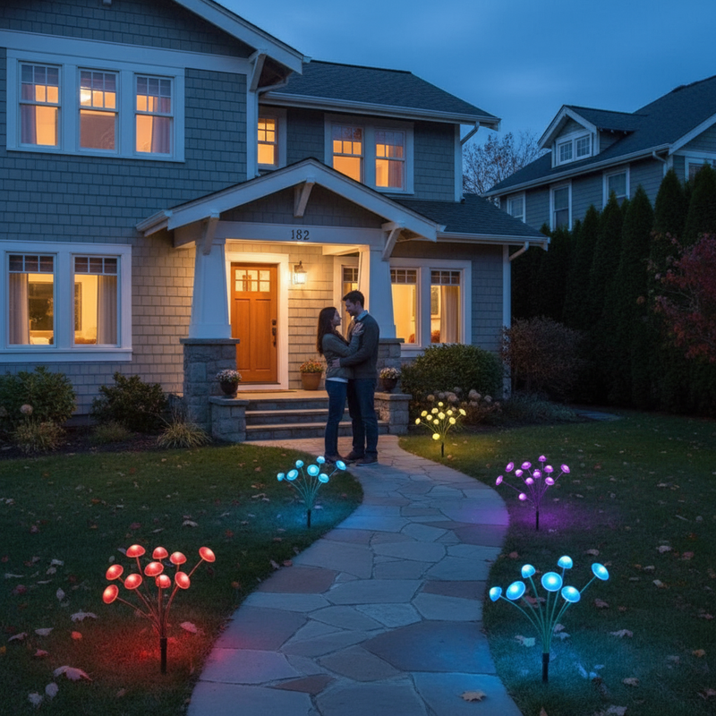 Couple beside glowing RGB solar mushroom garden lights in a landscaped front yard at night