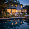 RGB solar jellyfish garden lights creating colorful decorative accents around a backyard pool at night