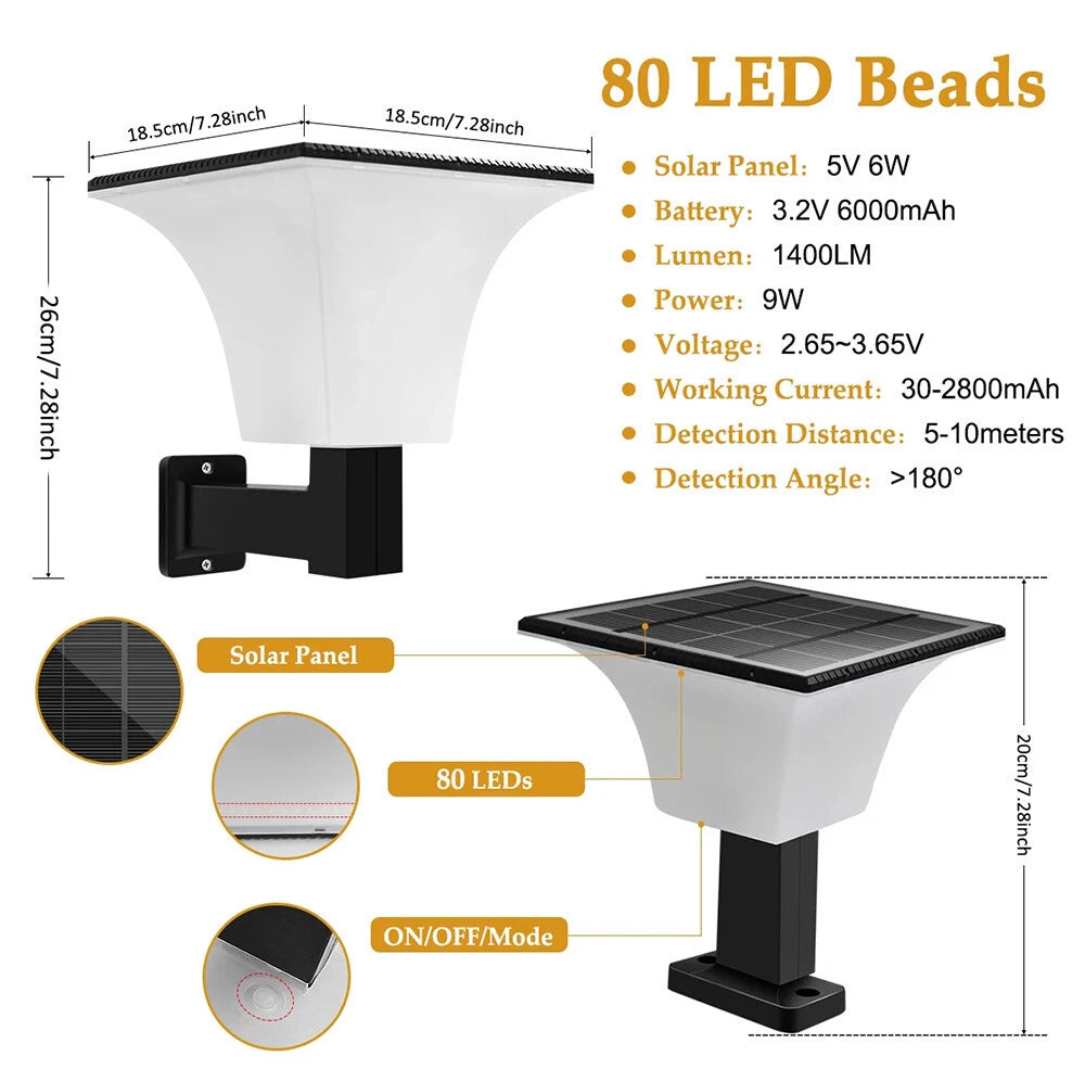 Size chart of Elegant Solar Wall Sconce Light with 1400LM Brightness, 6000mAh Battery, 4 Modes, and 180° Motion Sensor for Garage, Porch, and Patio
