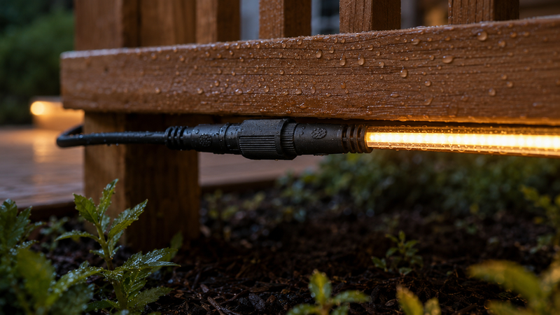 Sealed outdoor solar rope-light connector mounted above wet ground after rainfall