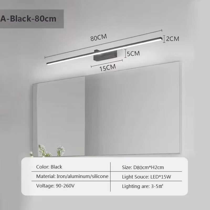 Vista de una luz LED lineal plateada de pared con diseño minimalista para espejo de baño y maquillaje