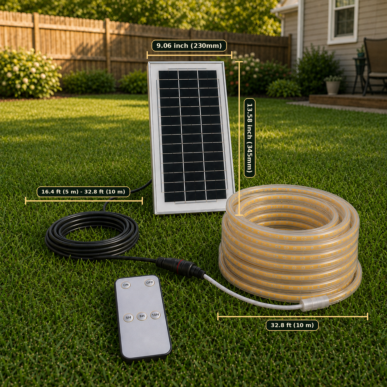 Size chart of Premium Smart Solar COB Seillichtsystem | 320 LEDs/m, Dämmerungs- bis Morgendämmerungsbetrieb, 5–10 m Kabel, Weiß/Warmweiß & IP65 | LiFePO4 Stromversorgung & Fernbedienungs-Timer