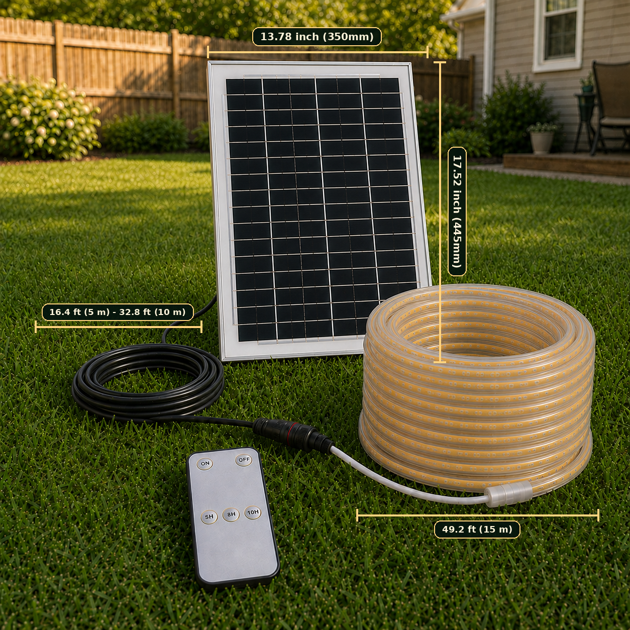 Size chart of Premium Smart Solar COB Seillichtsystem | 320 LEDs/m, Dämmerungs- bis Morgendämmerungsbetrieb, 5–10 m Kabel, Weiß/Warmweiß & IP65 | LiFePO4 Stromversorgung & Fernbedienungs-Timer