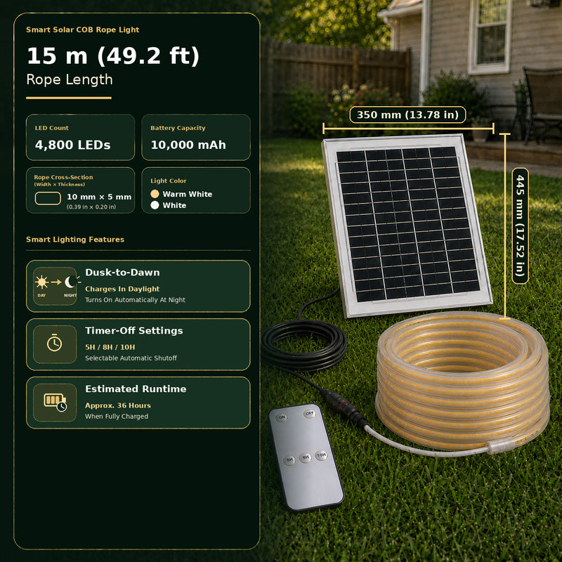 15 m Smart Solar COB-Lichtschlauch-Set mit 4.800 LEDs, größerem Solarpanel, schwarzem Kabel und Fernbedienung