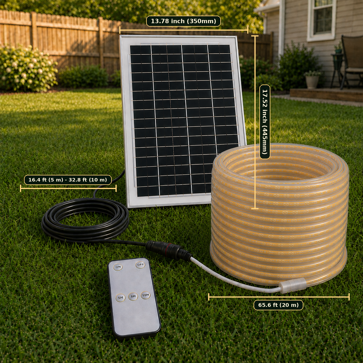 Size chart of Premium Smart Solar COB Seillichtsystem | 320 LEDs/m, Dämmerungs- bis Morgendämmerungsbetrieb, 5–10 m Kabel, Weiß/Warmweiß & IP65 | LiFePO4 Stromversorgung & Fernbedienungs-Timer