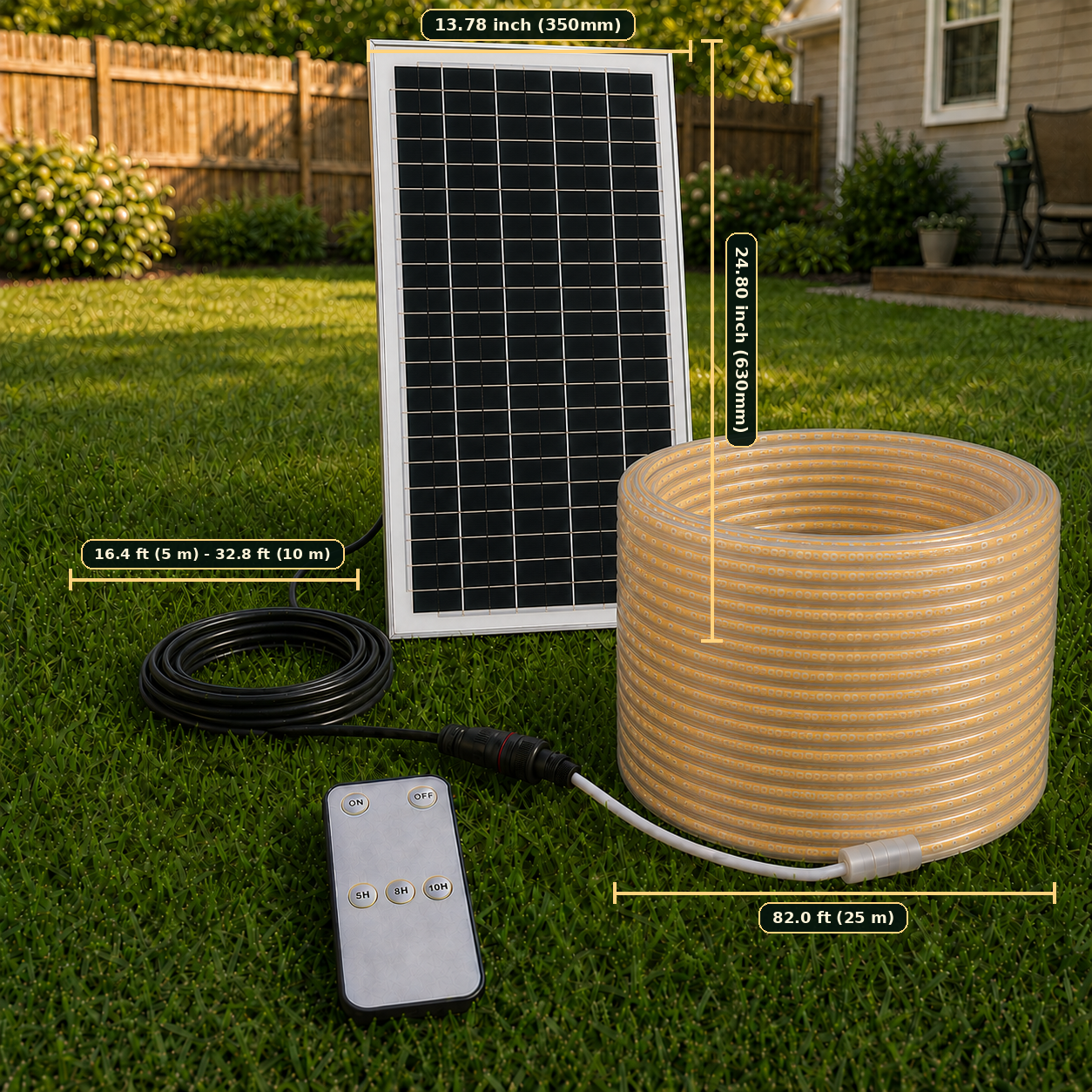 Size chart of Premium Smart Solar COB Seillichtsystem | 320 LEDs/m, Dämmerungs- bis Morgendämmerungsbetrieb, 5–10 m Kabel, Weiß/Warmweiß & IP65 | LiFePO4 Stromversorgung & Fernbedienungs-Timer