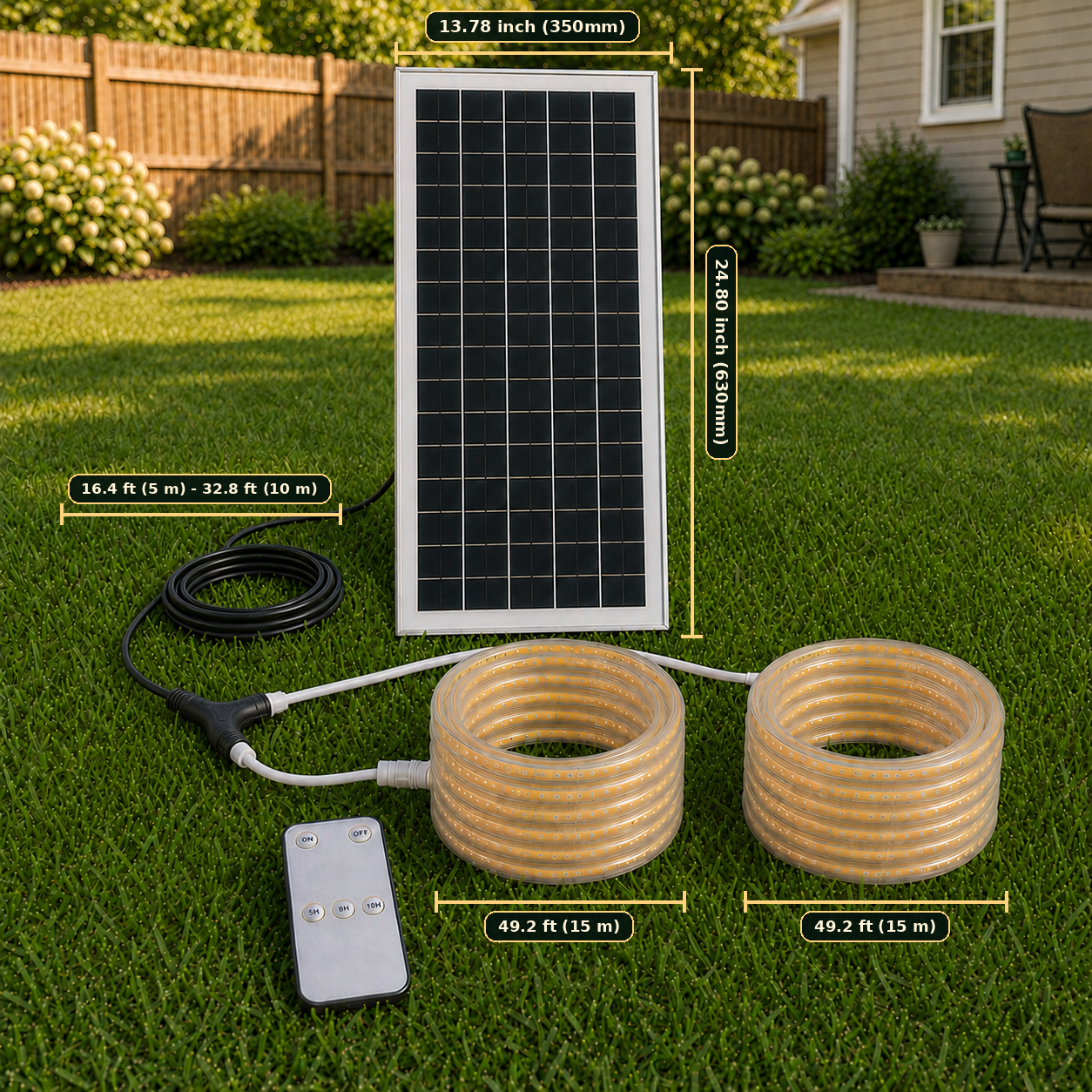 Size chart of Premium Smart Solar COB Seillichtsystem | 320 LEDs/m, Dämmerungs- bis Morgendämmerungsbetrieb, 5–10 m Kabel, Weiß/Warmweiß & IP65 | LiFePO4 Stromversorgung & Fernbedienungs-Timer