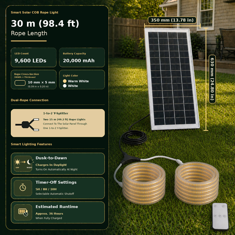 30 m Smart Solar COB-Lichtschlauch-Set mit zwei 15-m-Rollen, Solarpanel, 1-zu-2-Verteiler, Kabel und Fernbedienung