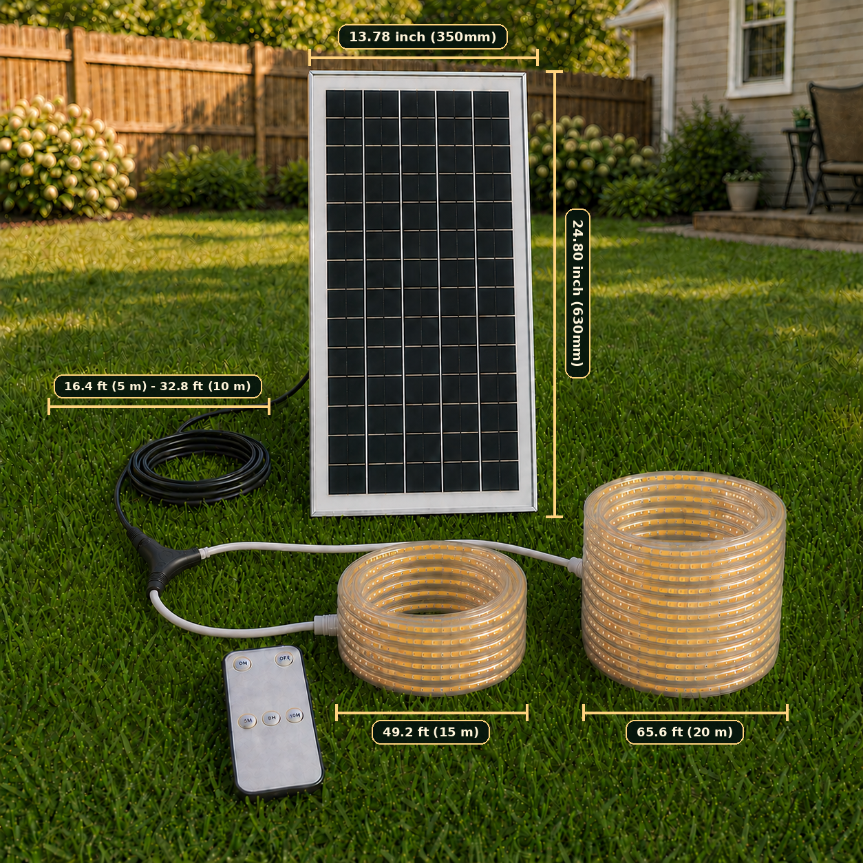 Size chart of Premium Smart Solar COB Seillichtsystem | 320 LEDs/m, Dämmerungs- bis Morgendämmerungsbetrieb, 5–10 m Kabel, Weiß/Warmweiß & IP65 | LiFePO4 Stromversorgung & Fernbedienungs-Timer
