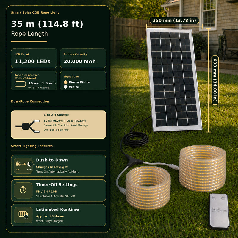 35 m Smart Solar COB-Lichtschlauch-Set mit 15-m- und 20-m-Rolle, Solarpanel, Verteiler, Kabel und Fernbedienung