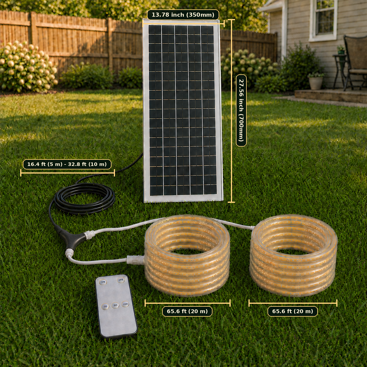 Size chart of Premium Smart Solar COB Seillichtsystem | 320 LEDs/m, Dämmerungs- bis Morgendämmerungsbetrieb, 5–10 m Kabel, Weiß/Warmweiß & IP65 | LiFePO4 Stromversorgung & Fernbedienungs-Timer