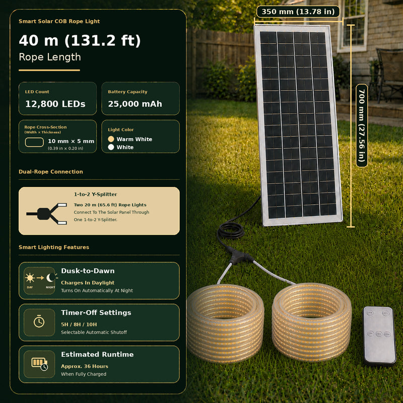 40 m Smart Solar COB-Lichtschlauch-Set mit zwei 20-m-Rollen, 350 × 700 mm Solarpanel, Verteiler und Fernbedienung