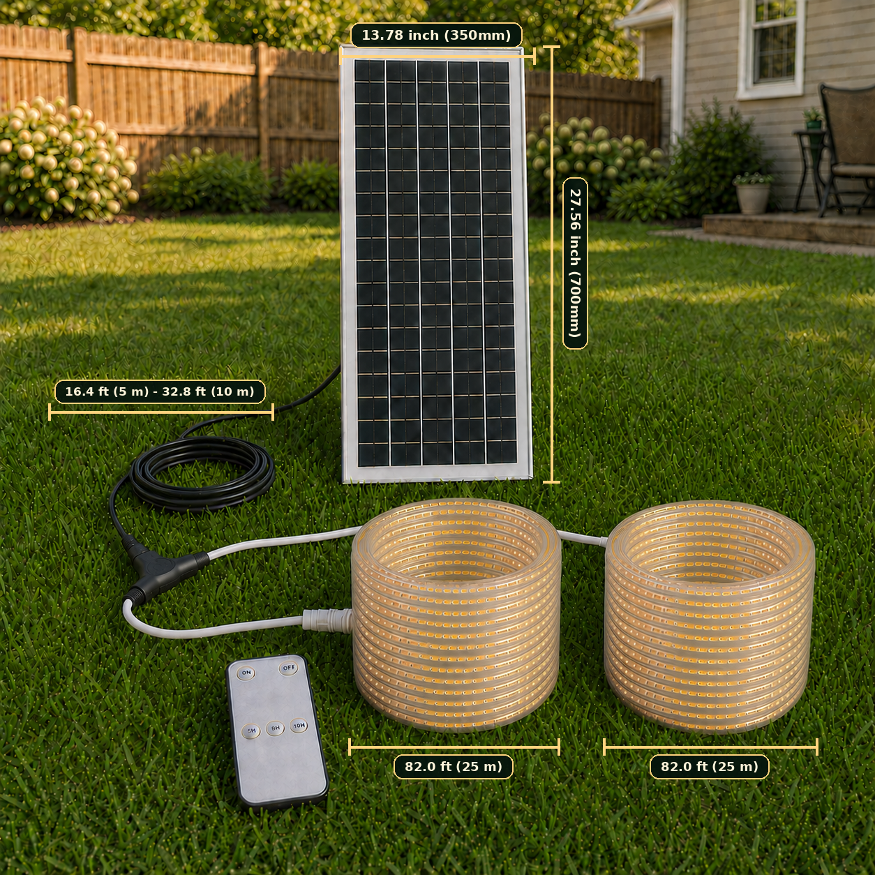 Size chart of Premium Smart Solar COB Seillichtsystem | 320 LEDs/m, Dämmerungs- bis Morgendämmerungsbetrieb, 5–10 m Kabel, Weiß/Warmweiß & IP65 | LiFePO4 Stromversorgung & Fernbedienungs-Timer