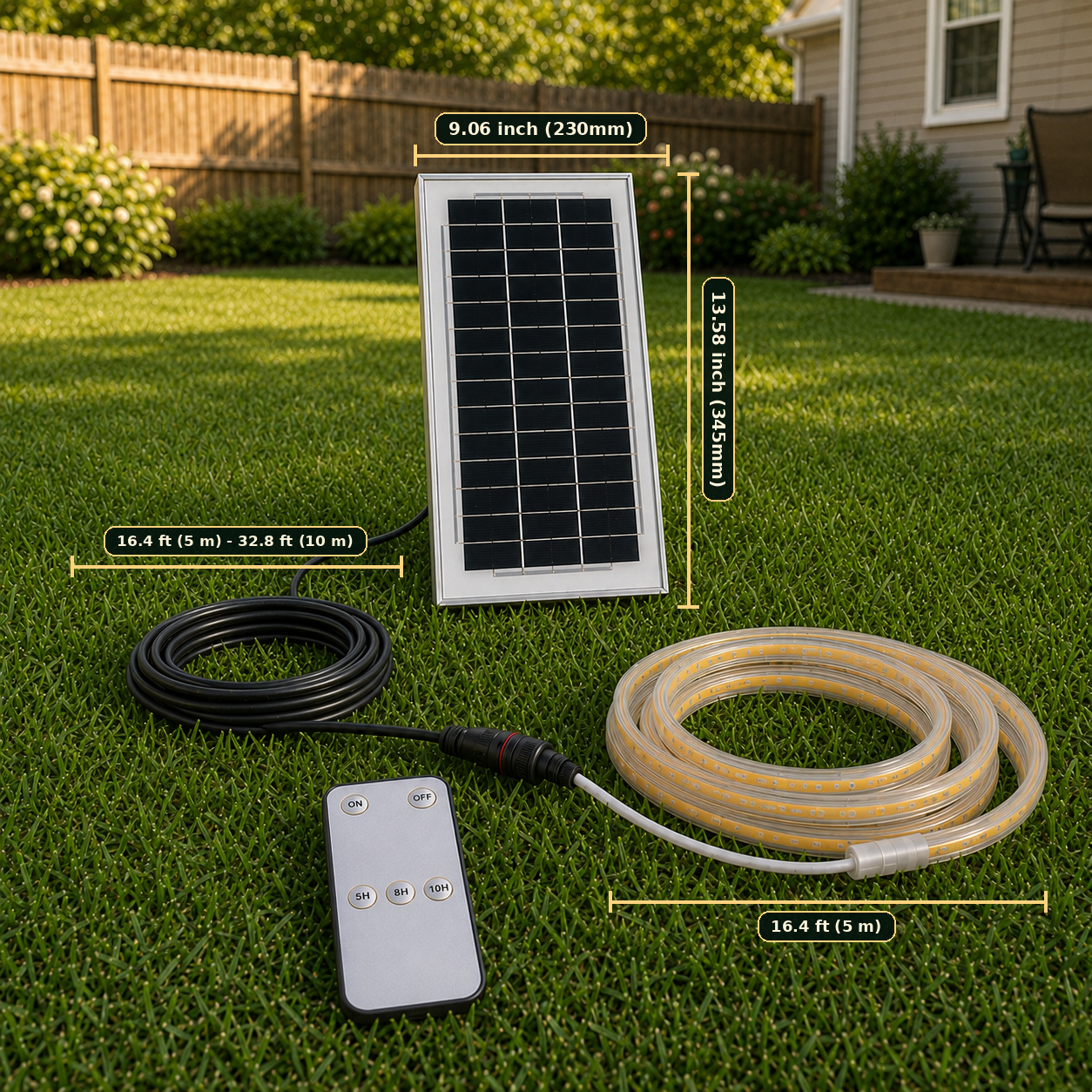 Size chart of Premium Smart Solar COB Seillichtsystem | 320 LEDs/m, Dämmerungs- bis Morgendämmerungsbetrieb, 5–10 m Kabel, Weiß/Warmweiß & IP65 | LiFePO4 Stromversorgung & Fernbedienungs-Timer