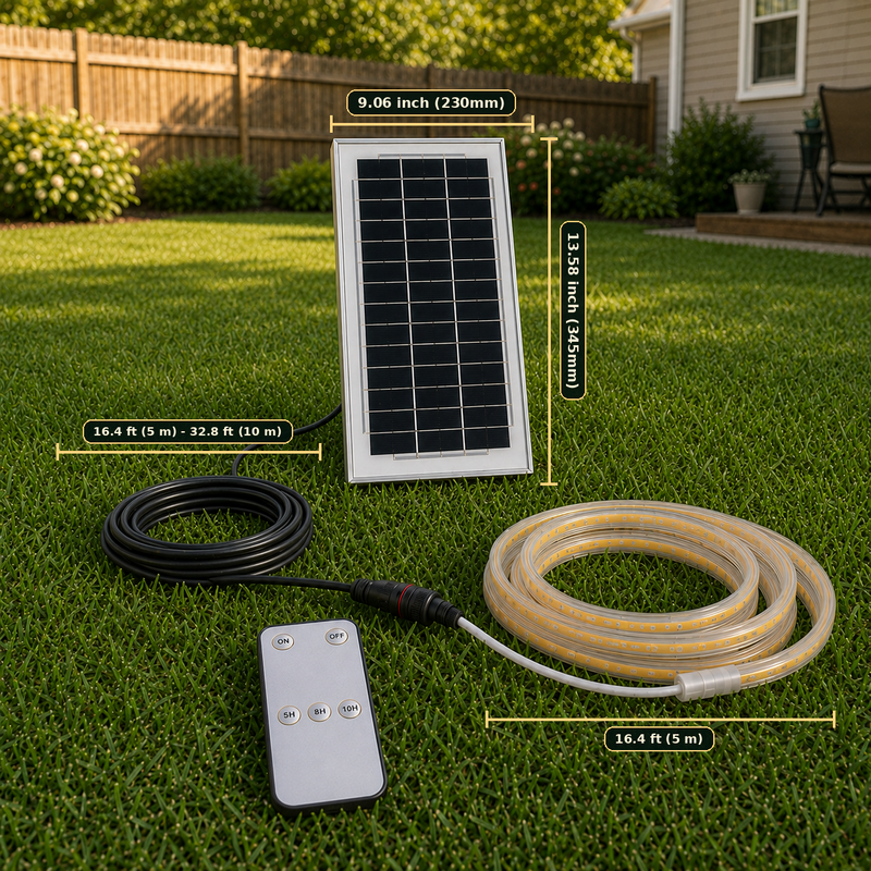 5 m smart solar COB rope light kit size guide showing a 16.4 ft rope, adjustable black cable, 9.06 × 13.58 in solar panel, and timer remote