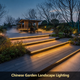 Tiras LED COB solares blanco cálido instaladas en escalones escalonados de un jardín paisajístico de estilo chino al anochecer