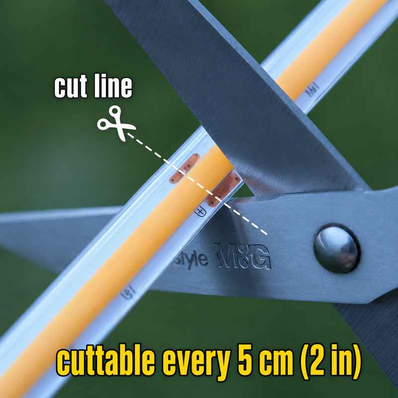 Close-up of the cut line on a solar COB LED strip, cuttable every 5 cm (2 in) | NoxLumin