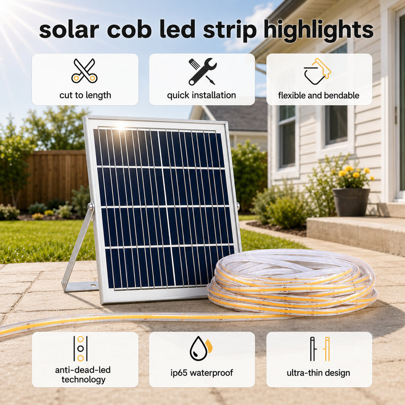 Solar COB LED strip and solar panel charging in a sunny backyard with six product feature callouts | NoxLumin