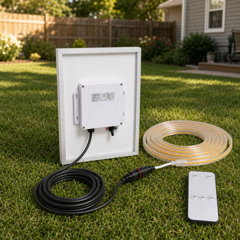 Solar COB LED strip light kit showing the rear solar panel control box, cables and timer remote | NoxLumin